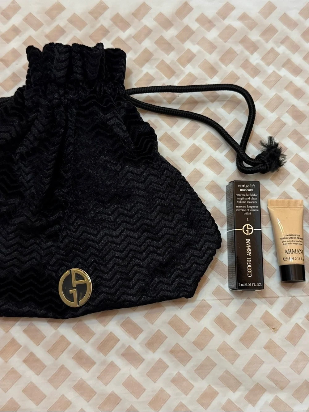 Giorgio Armani Black Drawstring Velvet Pouch with Gold Logo and Makeup Samples